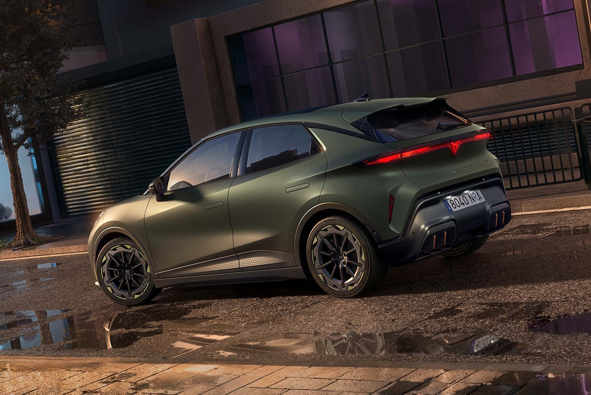 CUPRA Raval VZ electric car in matte green, front three-quarter studio shot with Raval-branded livery
