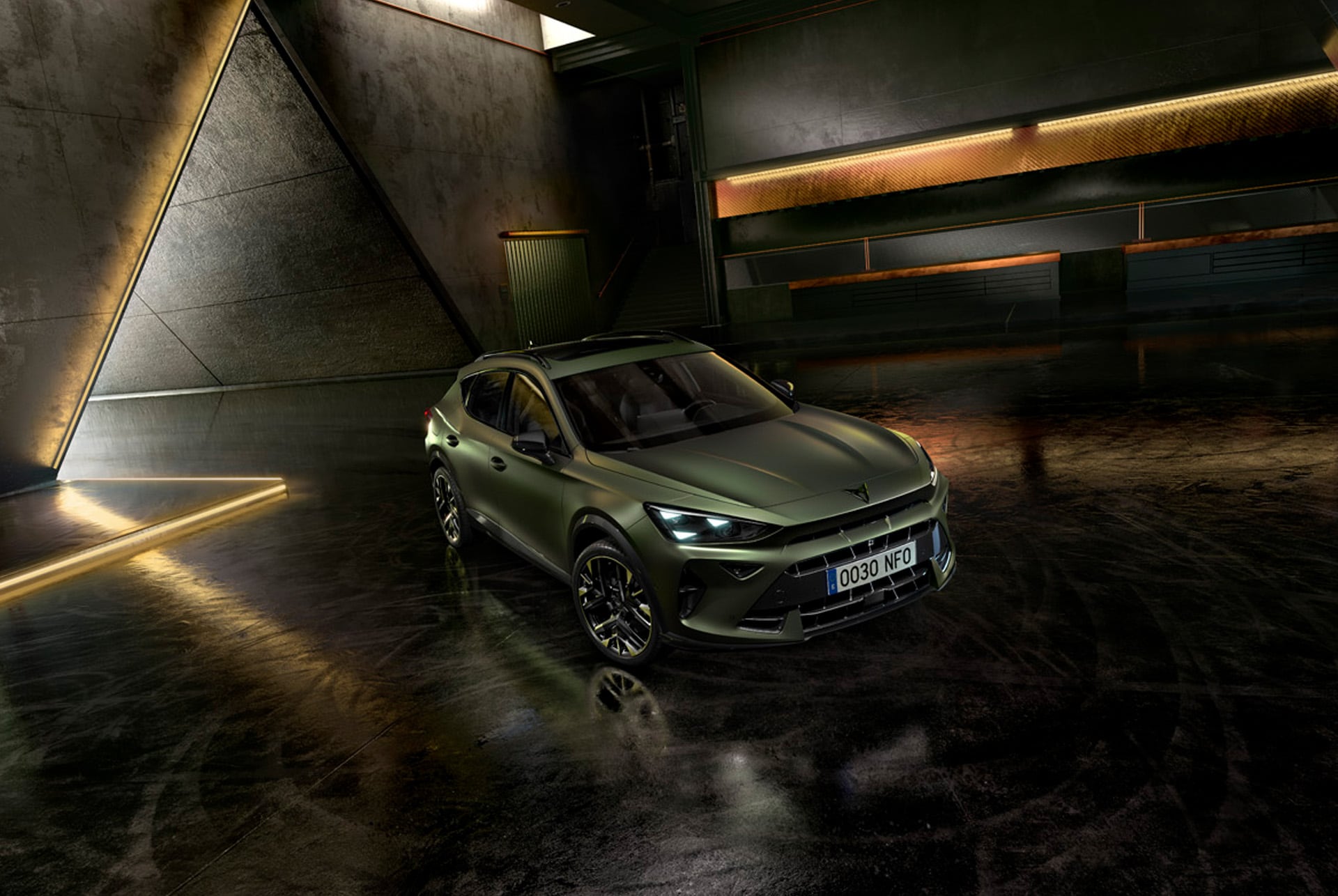 new cupra formentor offer, suv in century bronze matt, model year 2025, with 19 inch artic copper wheels and cityscape background. New car offers available.