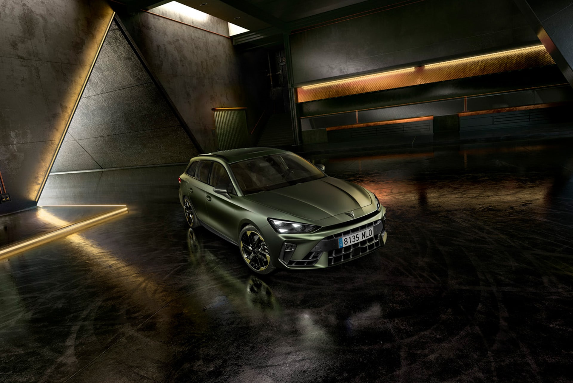 Cupra leon for sale, hatchback in magnetic tech matt grey with 19 inch polar copper wheels and illuminated city background. New car offers available.